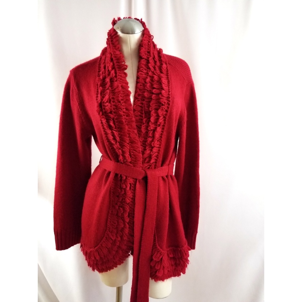 Chico's Red Ruffle Trim Belted Cardigan